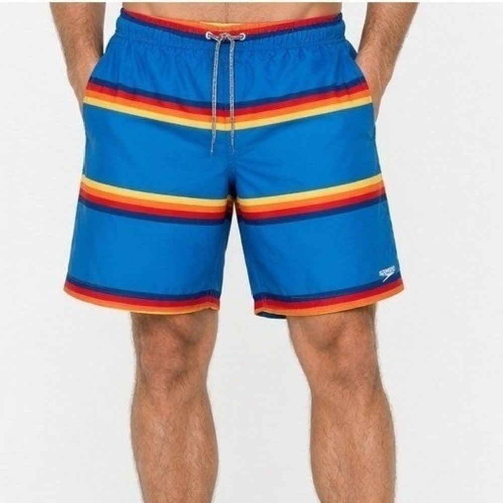 Speedo Mens Swim Trunks Medium Blue Rainbow Stripe Retro Board Shorts Drawstring